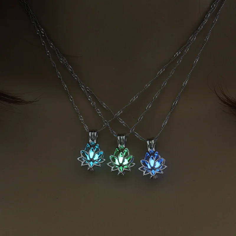Luminous Lotus Pendant Necklaces Women Men Retro Fluorescent Stone Alloy Chain Necklace Healing Yoga Jewelry Gifts | Украшения и