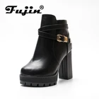 FujinЛидер продаж; Черные ботинки на платформе; Женская весенняя обувь на высоком каблуке на молнии; Ботильоны; Кожаные ботинки на квадратном каблуке; Туфли-лодочки