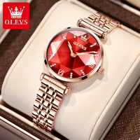 olevs fashion casual new womens red dial butterfly double diamond glass solid stainless steel bracelet quartz watch 6642