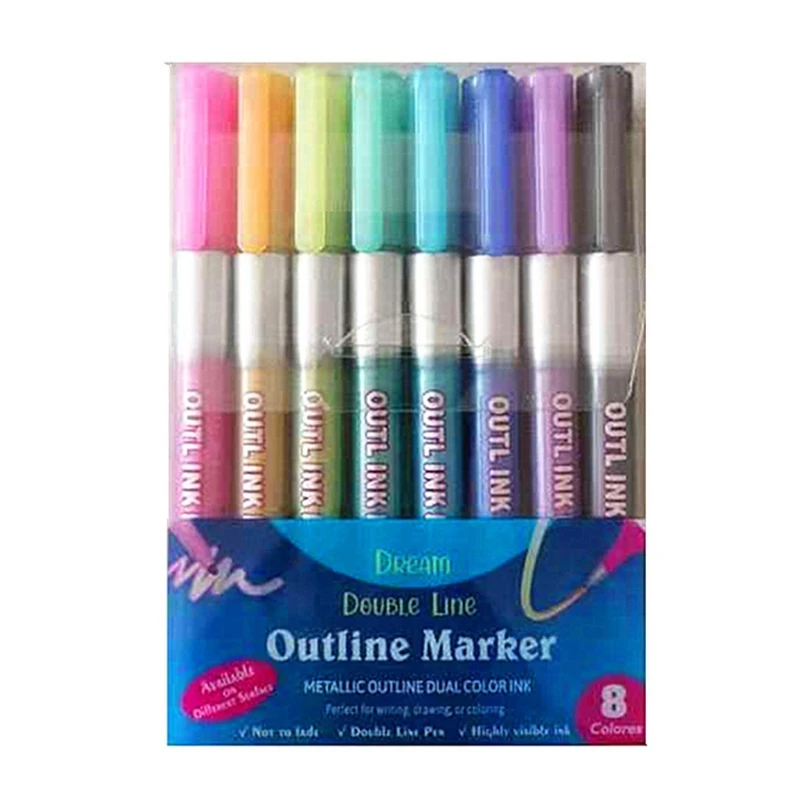 

8 Colors Double Lines Fluorescent Art Marker Outline Pen Stationery Drawing Pens