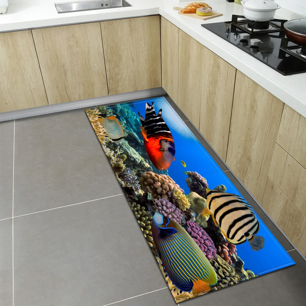 

Ocean World Kitchen Mat Entrance Doormat Home Bedroom Floor Decoration Rugs Bathroom Hallway Balcony Printing Anti-Slip Carpet