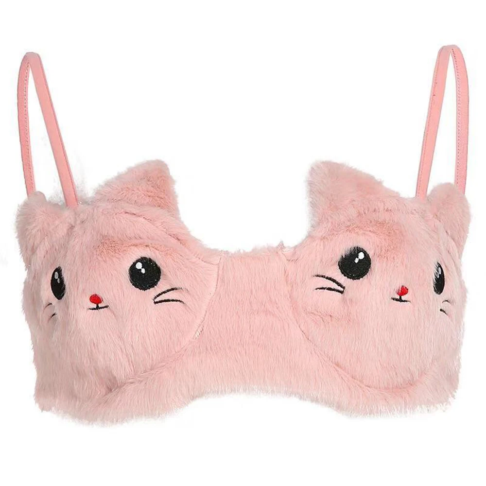 Бюстгальтер женский плюшевый топ на бретелях с вышивкой кота и коровы милый