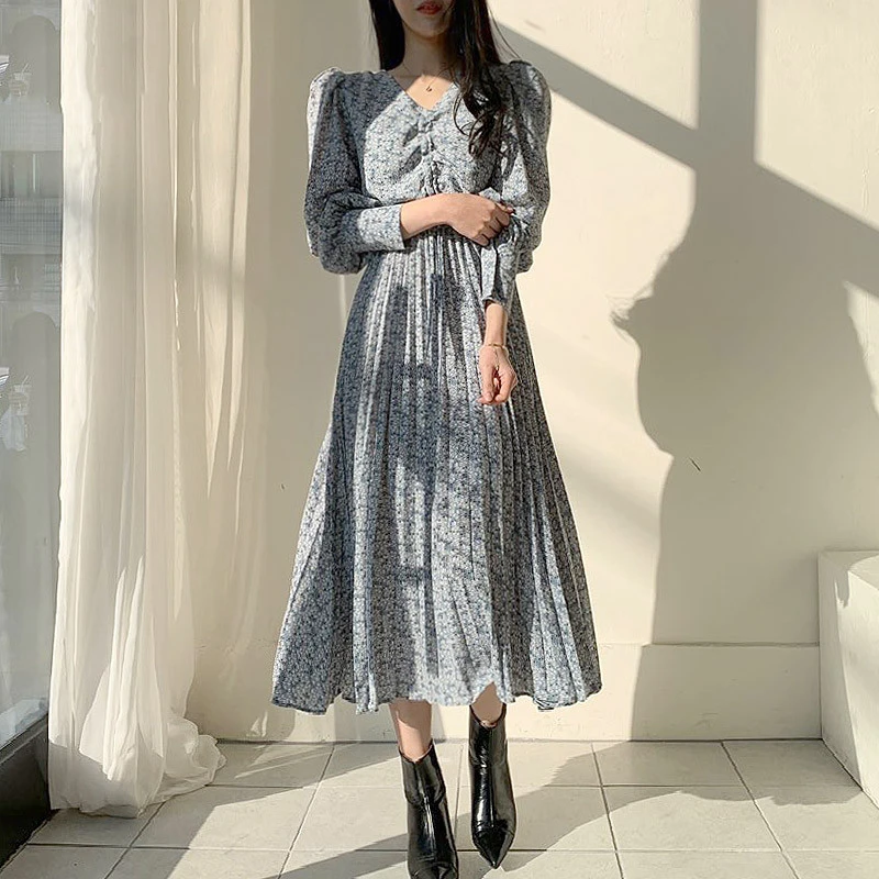 Плиссированные шифоновые платья ТРАПЕЦИЕВИДНОЕ винтажное длинное платье с