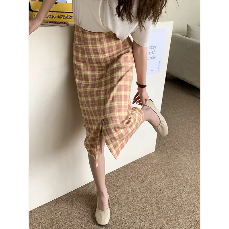

Women A Line High Waist Contrast Split Plaid Sheath Slim Pocket Pencil Midi Female Skirt 2021 Summer Fashion Clothes Casual Wear