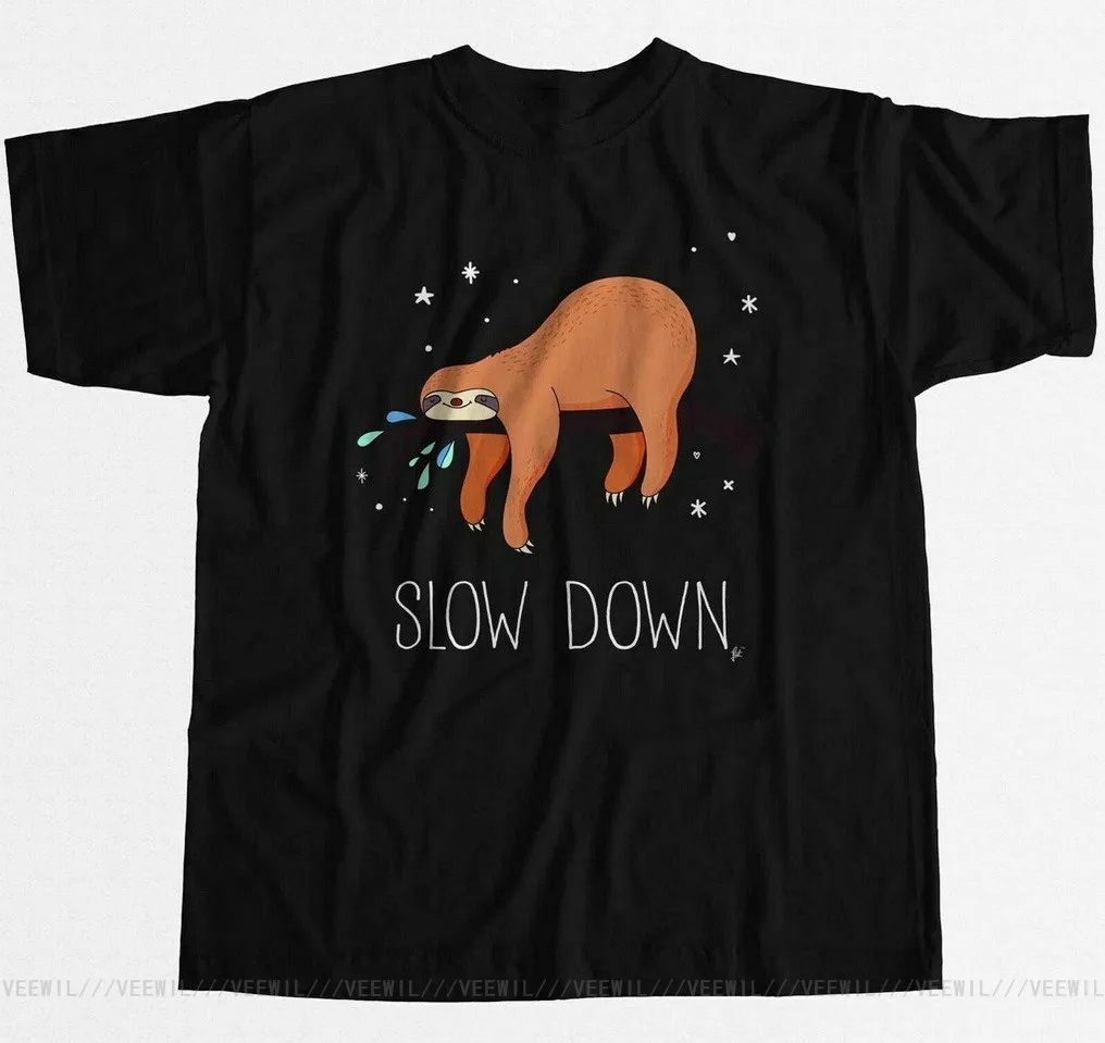 

Slow Down Sloth Sleeping In Tree At Night Mens T-Shirt Vintage O Neck TEE Shirt