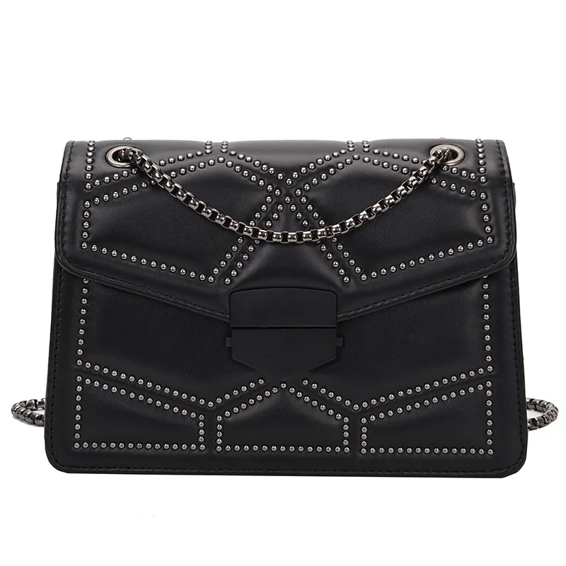 

Small PU leather messenger bag women 2020 rivet one shoulder messenger bag women travel handbag chain messenger bag