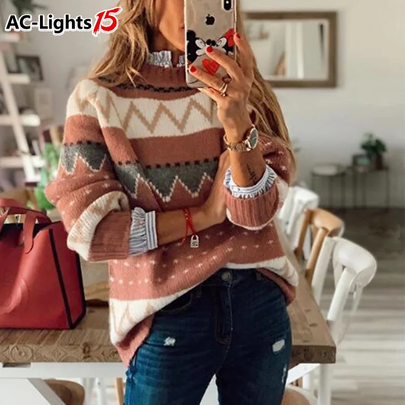 

2022 Autumn Winter Soft Striped Sweater Women Color-block High Elastic Solid Female Thick Warm Knitted Pullovers argyle sweater