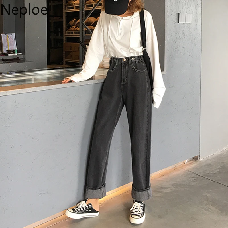 Neploe High Waist Hip Button Design Denim Pants Solid Straight Autumn Spring Outwear Trousers 2020 New Wild Pantalones 48606 | Женская