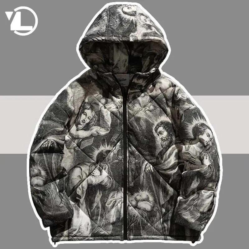 

Пуховик мужской в стиле хип-хоп, Готическая винтажная парка с росписью и портретным принтом, уличная одежда, плотное теплое пальто унисекс, ...