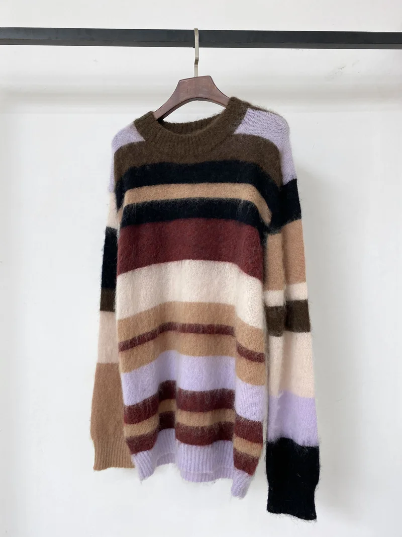 

Women Stripes Color Patchwork Sweater Mohair Blend Loose Long Sleeve O-neck Casual Ladies Pullover 2021 New Autumn Winter