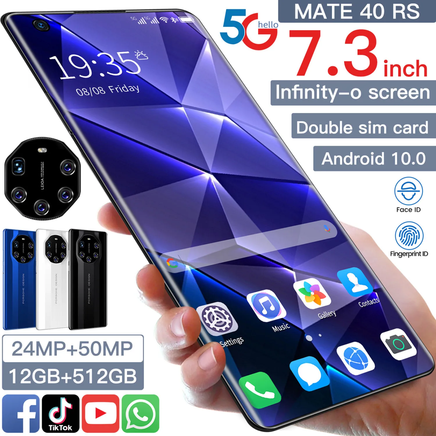 Cectdigi новый телефон Mate40 RS 7 3 дюймов 1440*3200 12 Гб + 512 Dual Sim MicroSD 5800 мач Android 10 0 уход за