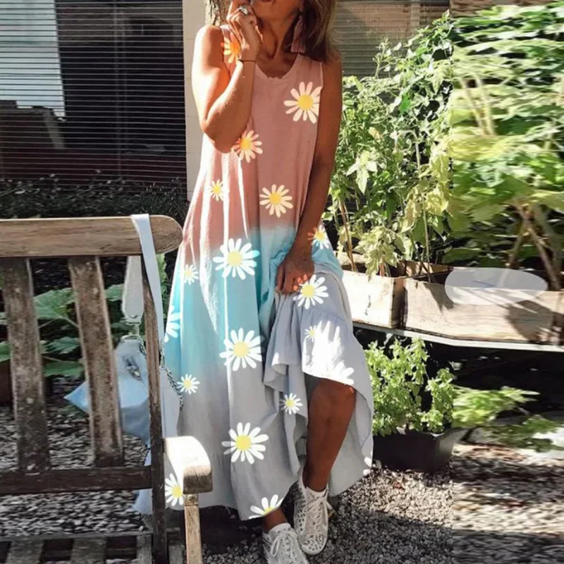 

Women Casual Loose Beach Dress Fashion Chic Daisy Print Tie-Dye Midi Dresses 2021 Summer Female Sexy Sleeveless Tank Dress 2XL