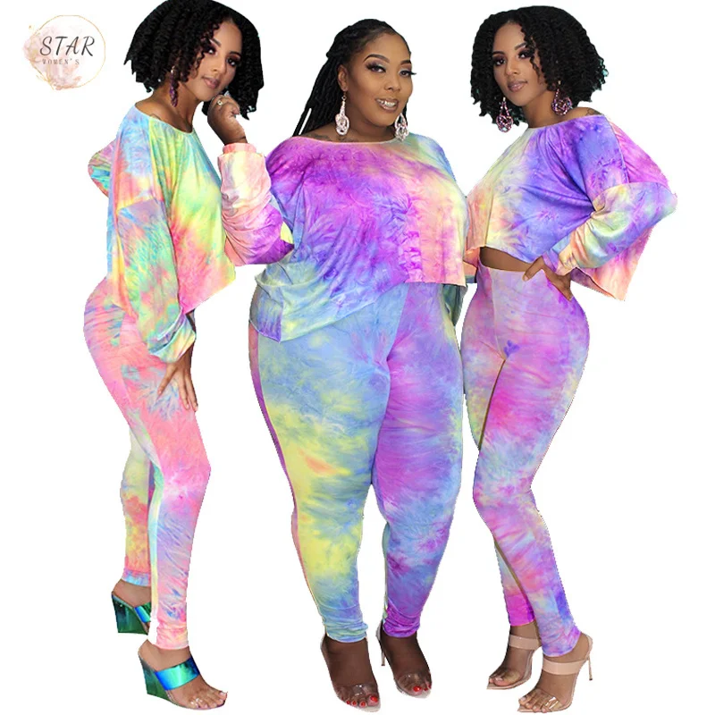 

Plus Size S-5XL Pants Sets Women Tie Dye Print Crop Top and Leggings Jogger Tracksuit Spring Matching Set Wholesale Dropshipping