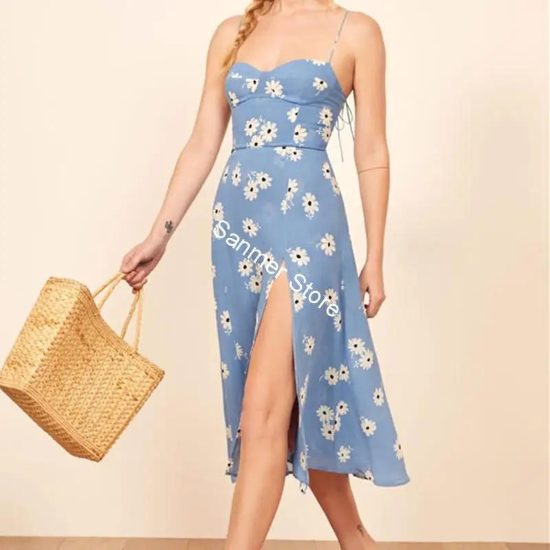 

Women Blue Sling Dress Sleeveless Split Sexy High Waist Floral Printed Holiday Style Summer Female Midi Dresses
