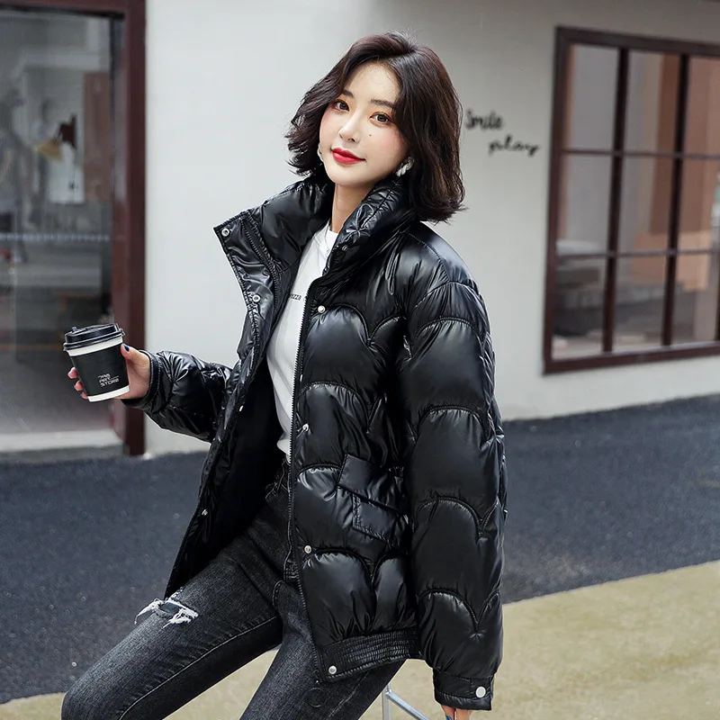 

2021 Winter Women Short Down Cotton Coats Female Casual Stand Collar Glossy Puffer Jacket Thicken Warm Zipper Parka Outwear T187