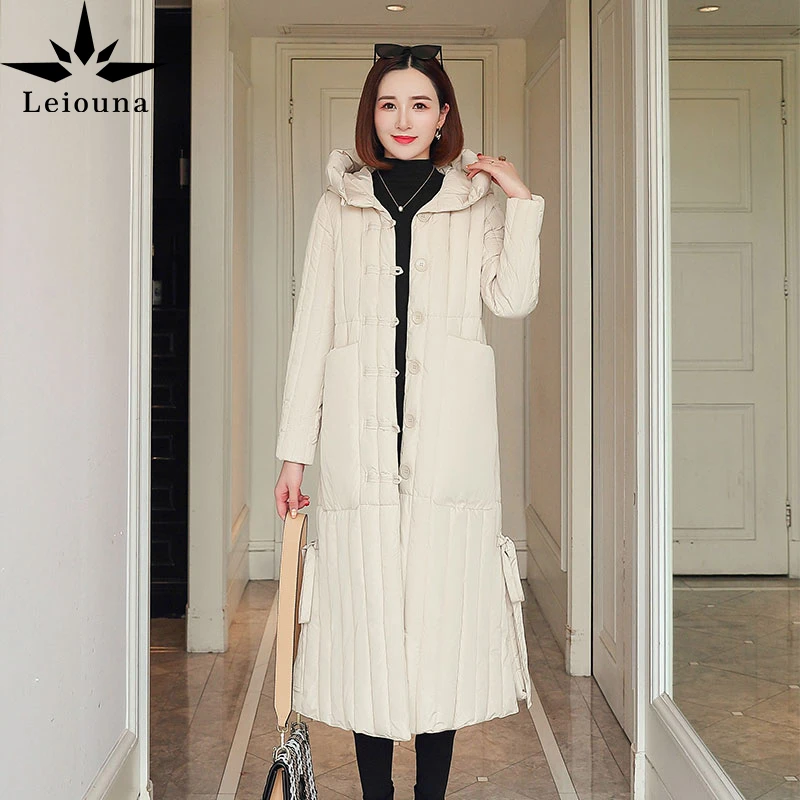 

Женская длинная однобортная парка Leiouna, Офисная Повседневная однотонная куртка с капюшоном и большими карманами, зимнее пальто для женщин