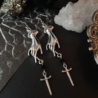 silver plated witchy victorian hand earrings occult gothic hands dagger athame knife goth blade lady hands