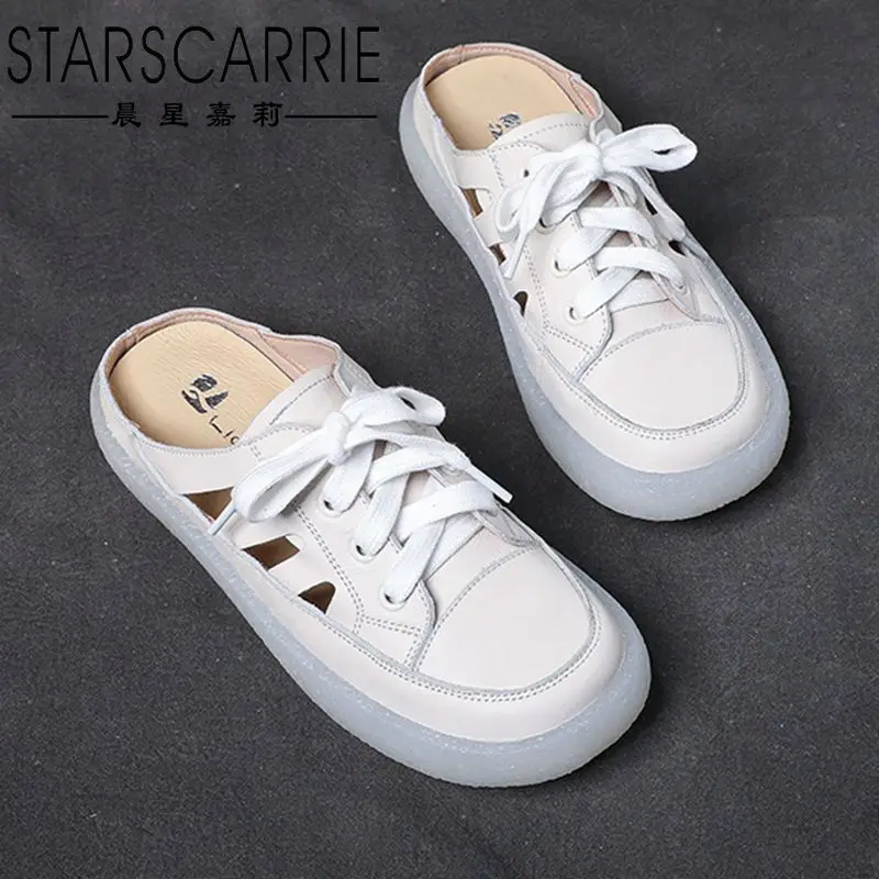 

Semi Baotou 2021 summer new women's sandals leather round head flat bottom hollow soft bottom flat bottom mother's shoes