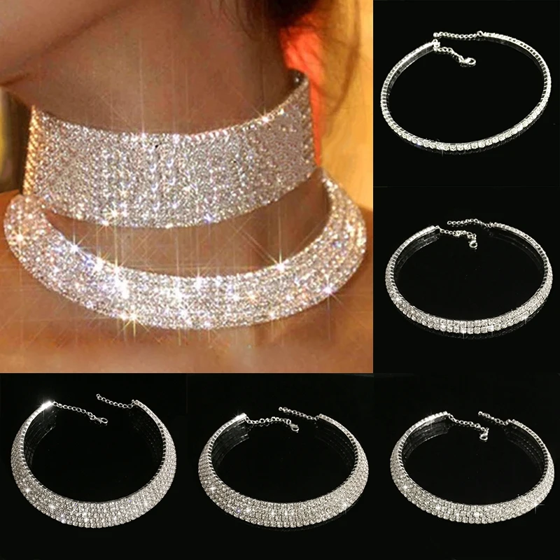 

1PC Sparkling Silver Color Crystal Collar Chain Choker Necklace for Bridal Women Wedding Party Rhinestone Choker Jewelry Gifts