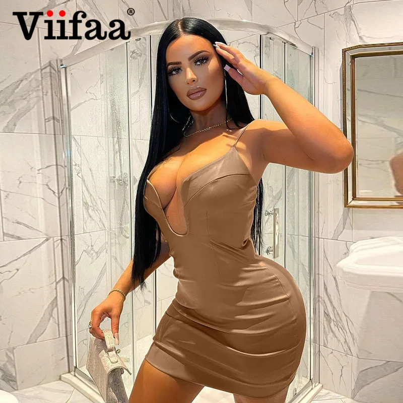 

Viifaa Deep V-Neck Sexy Spaghetti Strap Summer Mini Dress Party Club Outfits for Women PU Leather Bodycon Dresses