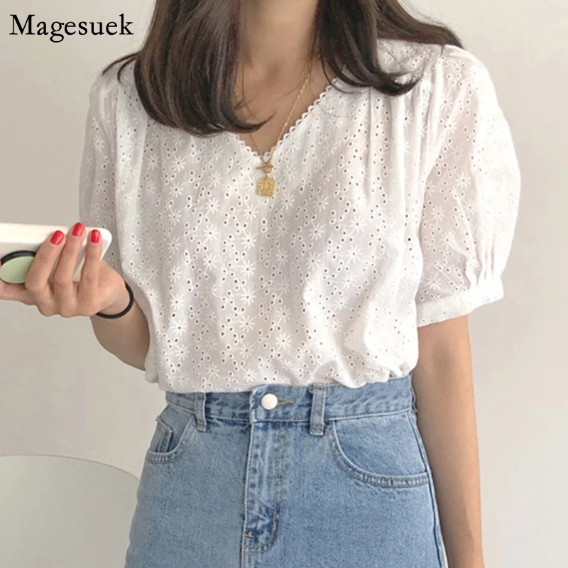 

Summer New Hollow Out White Blouse Women Short Sleeve V Neck Ladies Tops Blouses Office Lady Floral Female Shirts Clothing 9595