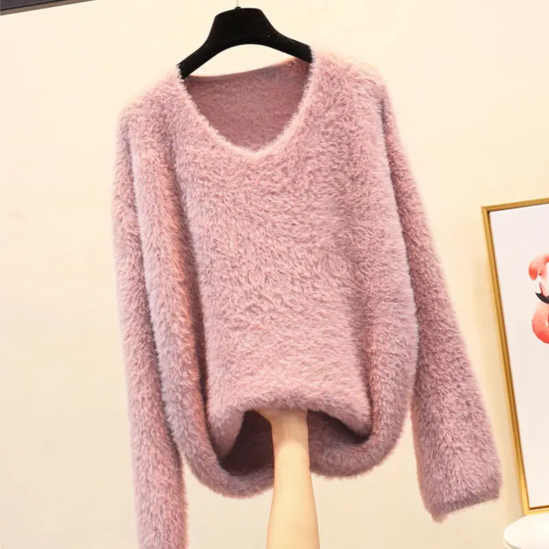 purple pink tops Осень зима искусственный пуловер из норки и кашемира свитер женский свободный v-образный вырез меховые свитера джемпер мягкий теплый вязаный свитер C5985 - Цвет: purple pink tops