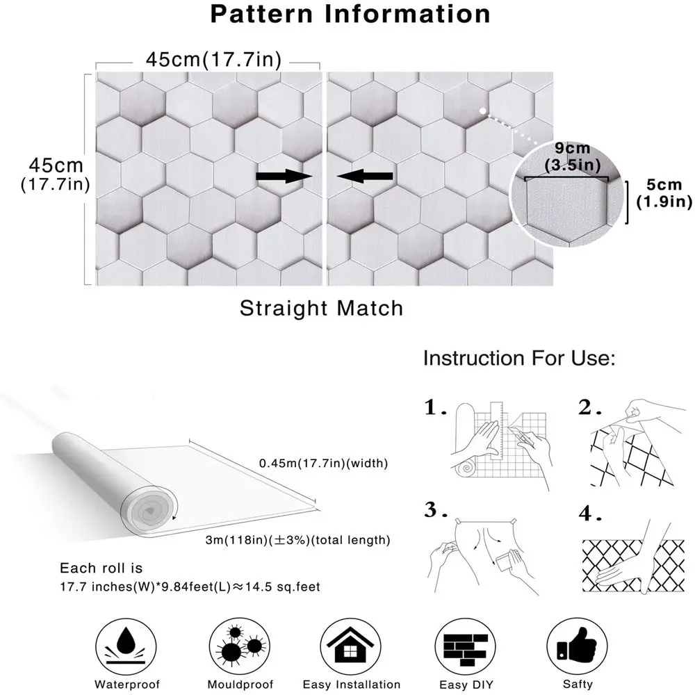 

Peel and Stick Geometric Pattern Wallpaper Grey Vinyl Self Adhesive Wall Paper Design for Walls Bathroom Bedroom Home Decor