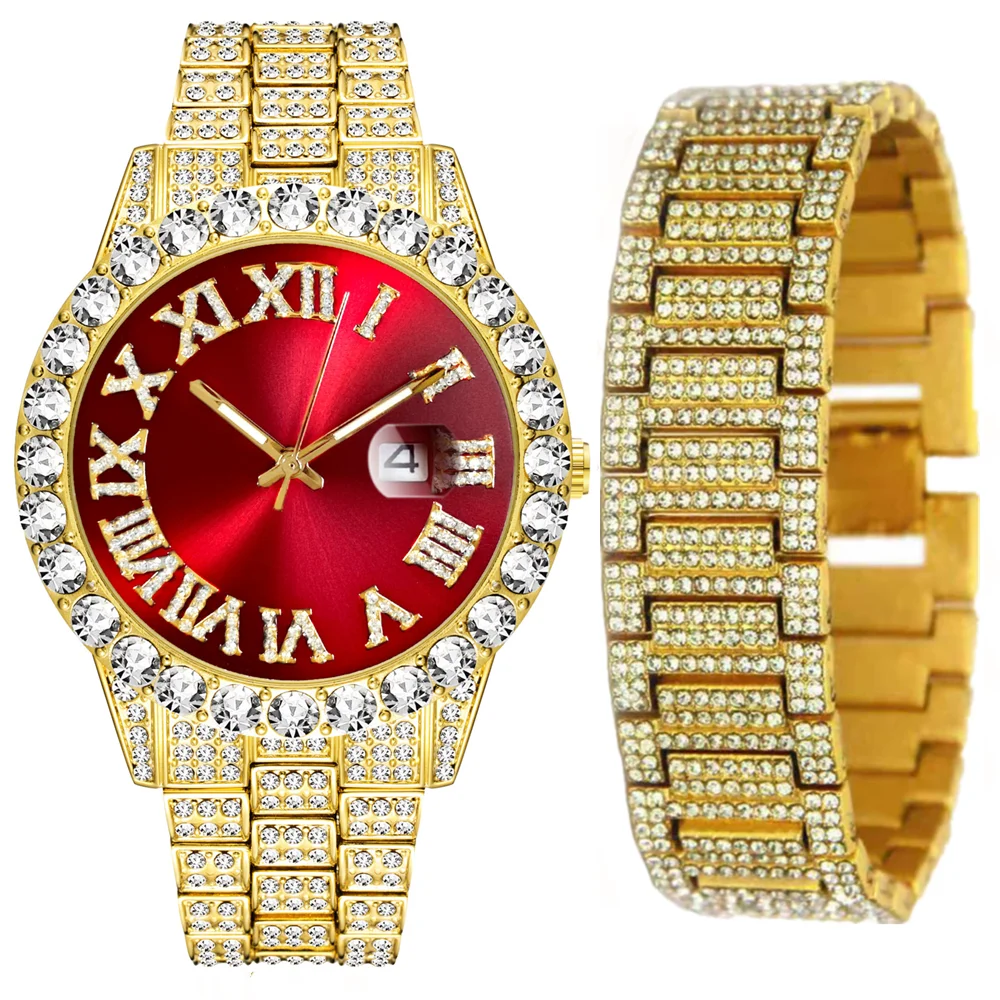 Льдом цепи часы-браслет для Для мужчин со льдом часы комплект ювелирных изделий в