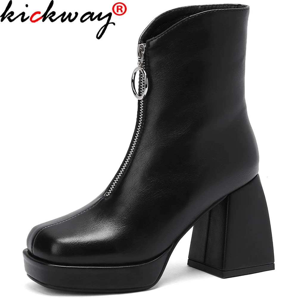 

kickway New Women Boots Round Toe Leather Ankle Boots Women Platforn Shoes Femal Square Heels Boot For Women Zapatos Para Mujer