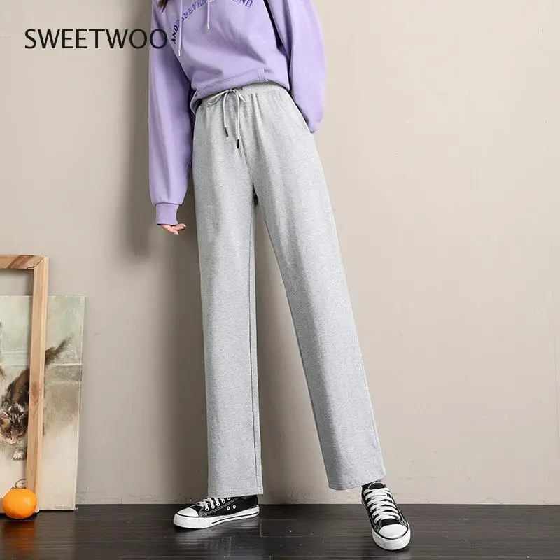 Sports Casual Pants Autumn Women Running Loose Straight Trousers High Waist Solid Color Wide-Leg Cotton Pants
