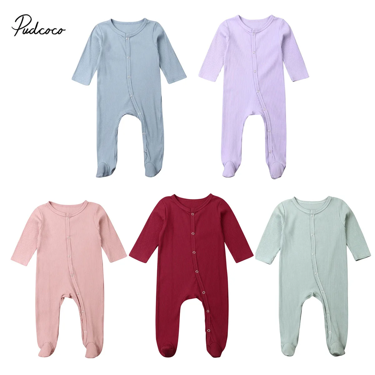 Новорожденные Мальчики Девочки 0-6M с длинным рукавом однотонный ребристый