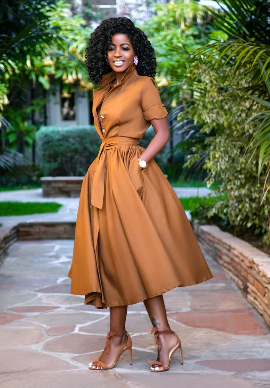 

African Solid Color Dress Large Size Women's Lapel 3/4 Sleeve Collocation Belt Button Fashion Trend Street Style Dress 2021 New