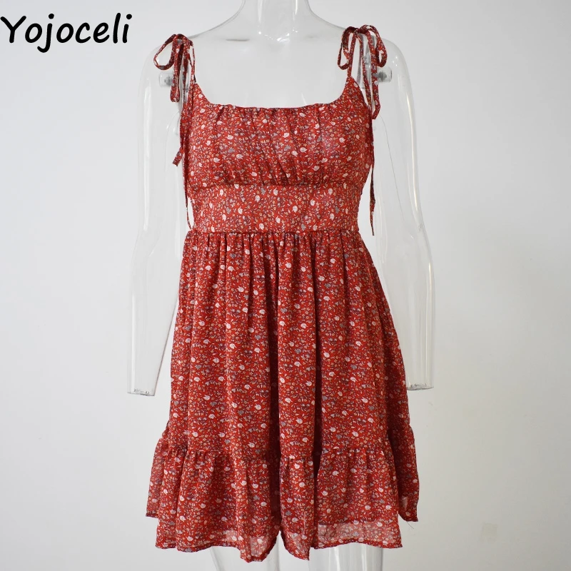 Yojoceli, сексуальное платье с принтом, короткое, с оборками, женское, летнее, элегантное, для вечеринки, мини платье, женское, повседневное, на бретелях, сарафан, vestidos