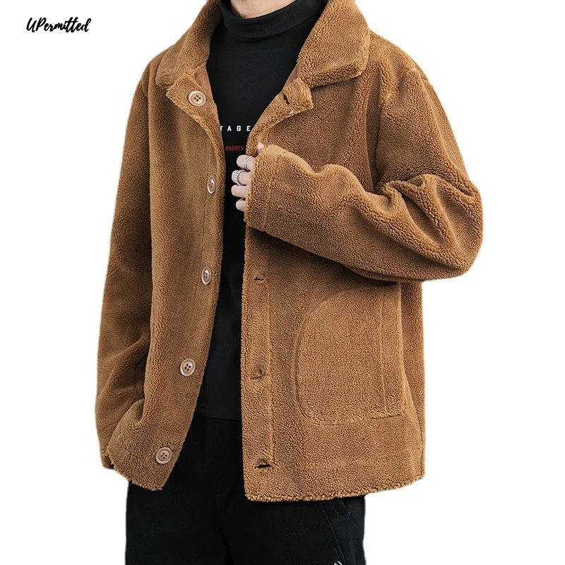 

2021 Winter Men Cotton Jacket Casual Solid Double Sides Plush Leather Trench Fleece Outerwear Coat Male Windbreaker Streetwear