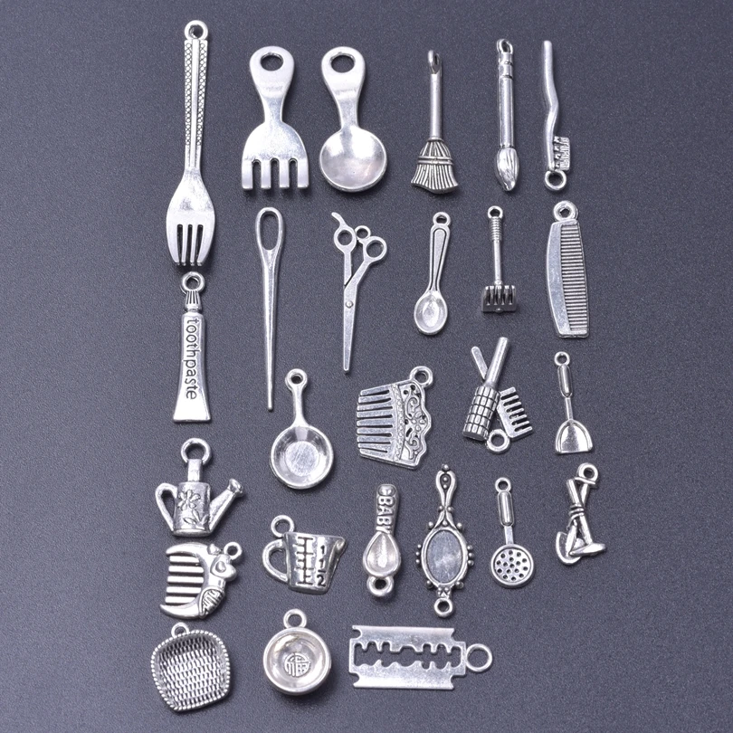 

26 pcs/Lot Tools Charm Spoon Comb Alloy Cup Scissors Pendants For Women Men Accessories Pot Daily Things DIY Jewelry Findings