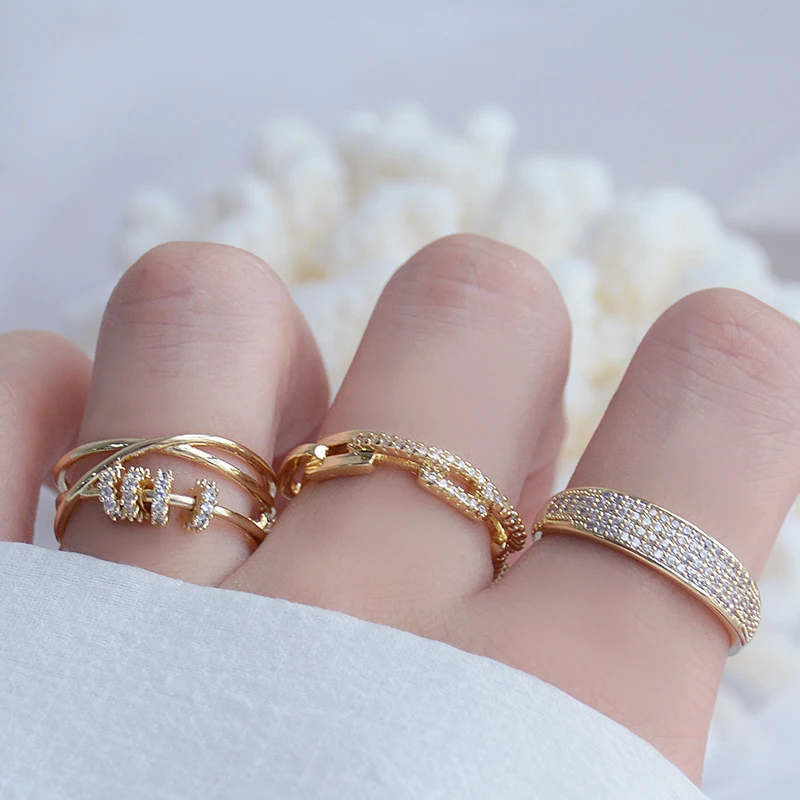 

Vintage Noble 14k Real Gold Jewelry Charming Temperament Rings for Women Adjustable Open Brilliant Zircon Wedding Party Hot Gift