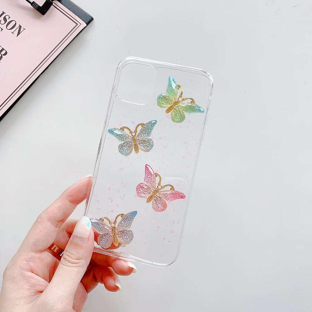 

Cute 3D Candy Color Butterfly Phone Case for Iphone 11 Pro Max 12 Mini X XS XR 8 7 Plus SE 2020 Glitter Cartoon Soft Clear Cover