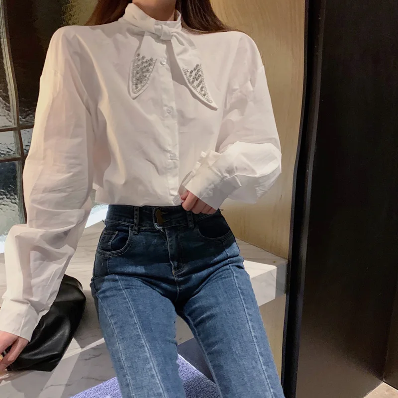 

KUSAHIKI Korean Diamonds Bowknot Stand Neck Blouse Tops Causal Puff Sleeve Women Shirt 2021 Spring New Blusas Feminimos 6F585