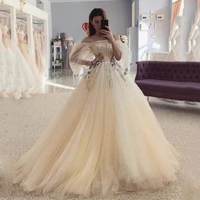 fairy princess champagne tulle prom dress boat neck puffy sleeve flowers evening dress lace appliques formal party gowns