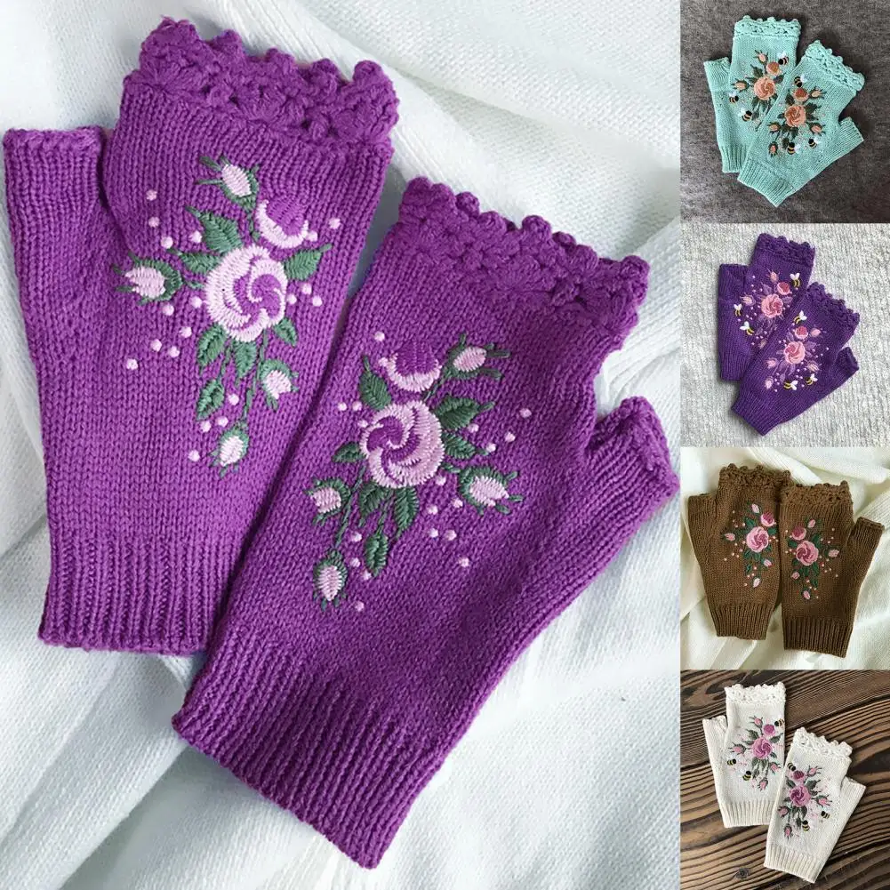 

1 пара ребристых манжет, перчатки, эластичные зимние мягкие текстурные Цветочные рандомные Повседневные вязаные крючком перчатки, товары д...