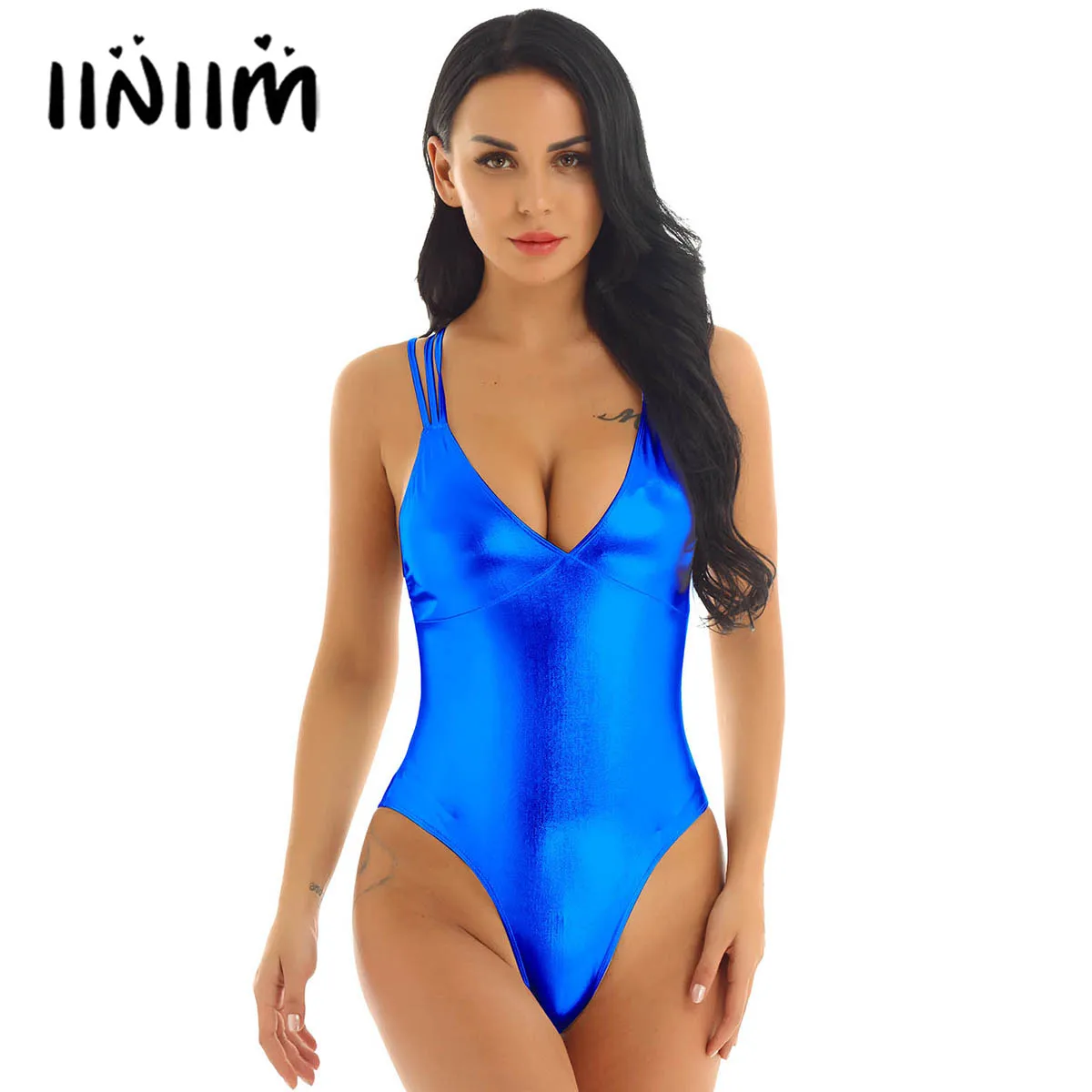 

iiniim Womens Sexy Clubwear Bodycon Pole Dancing Costumes Bodysuit Shiny Metallic High Cut Strappy Gymnastics Leotard Dancewear