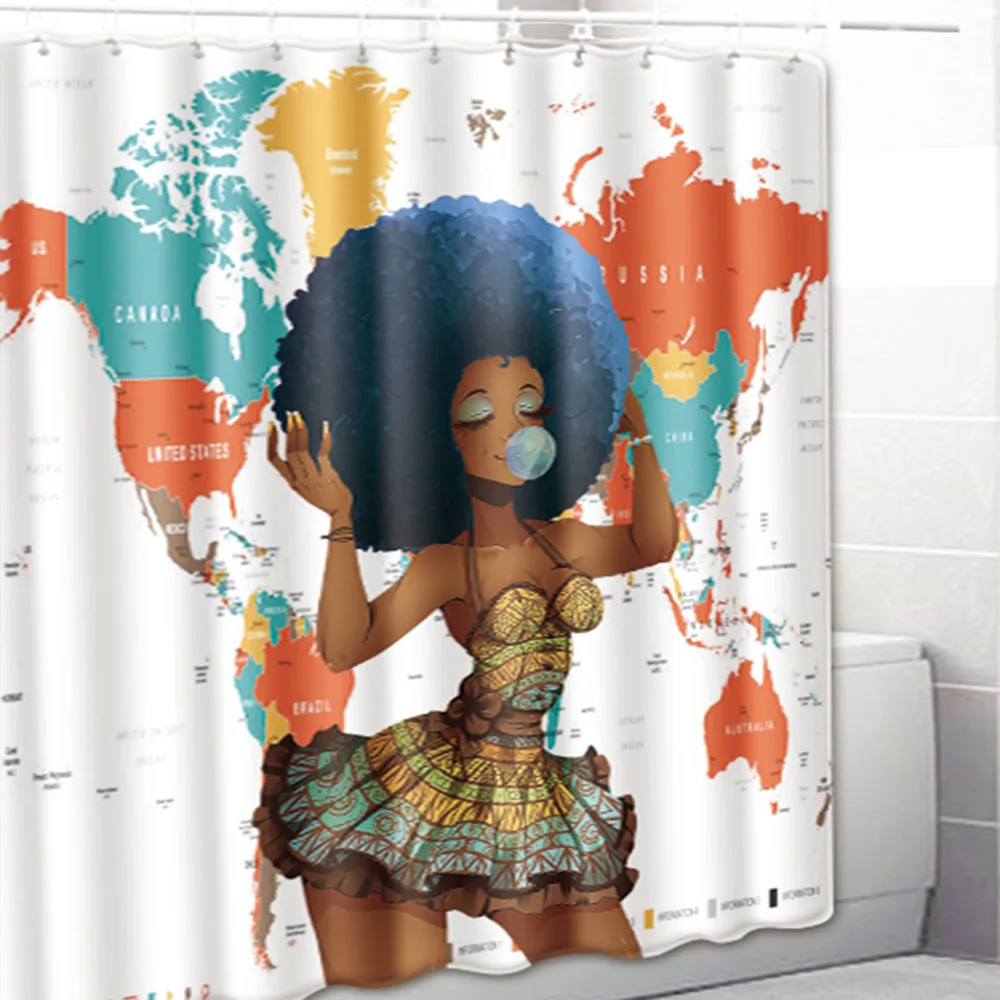 

Modern African Lady Shower curtains With Hooks Home Decorative Bath Curtain Waterproof 3D Purple Shower Curtain Bathroom Curtain