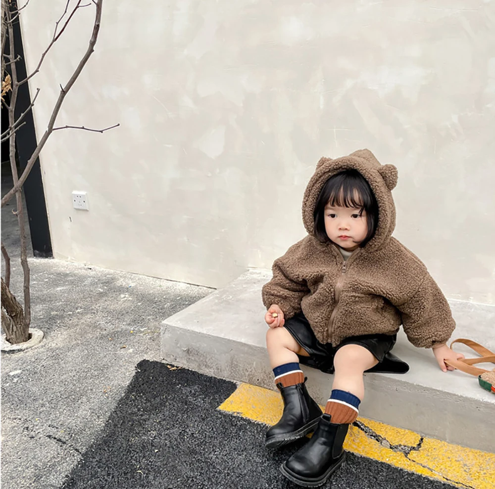 

Детская теплая куртка с капюшоном и ушками медведя из овечьей шерсти, Осень-зима