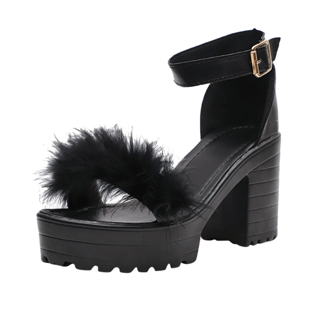 Woman Furry Sandals High Heels with Fur Female Platform Pumps Women Ankle Strap Women's Wedge Shoes sandalias mujer 2020