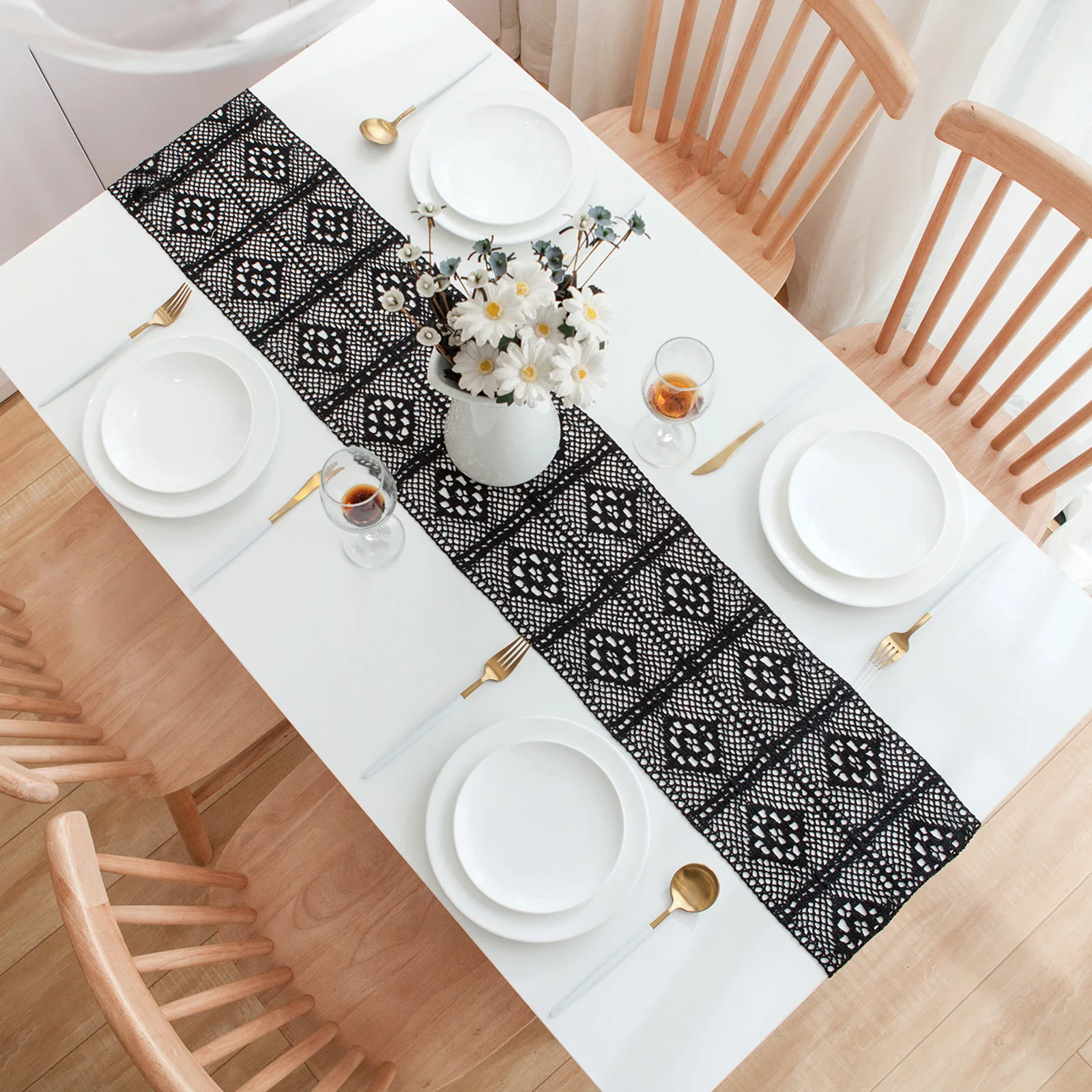 

White Crochet Lace Table Runner with Tassel Cotton Wedding Decorations Hollow Romantic Handmade Table Cover for Home