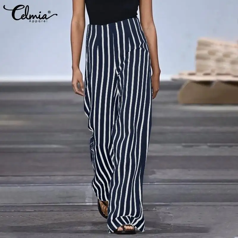 

Модные широкие полосатые брюки Celmia 2022 женские элегантные длинные брюки с высокой талией повседневные свободные брюки с карманами на молнии