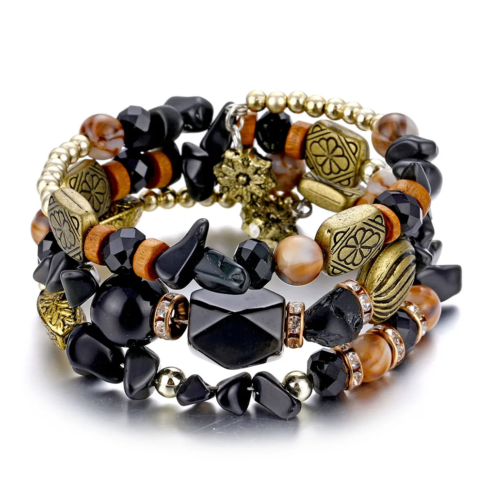 Женский многослойный браслет с бусинами и кристаллами в этническом стиле |