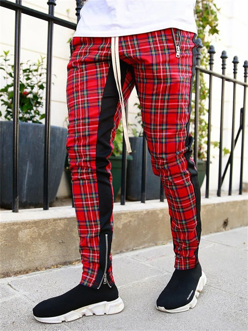 Plaid Pants Men's Korean Version Checked Fashion Patchwork Color Matching Small Legs Trouser Slim Casual Sports Pencil | Мужская