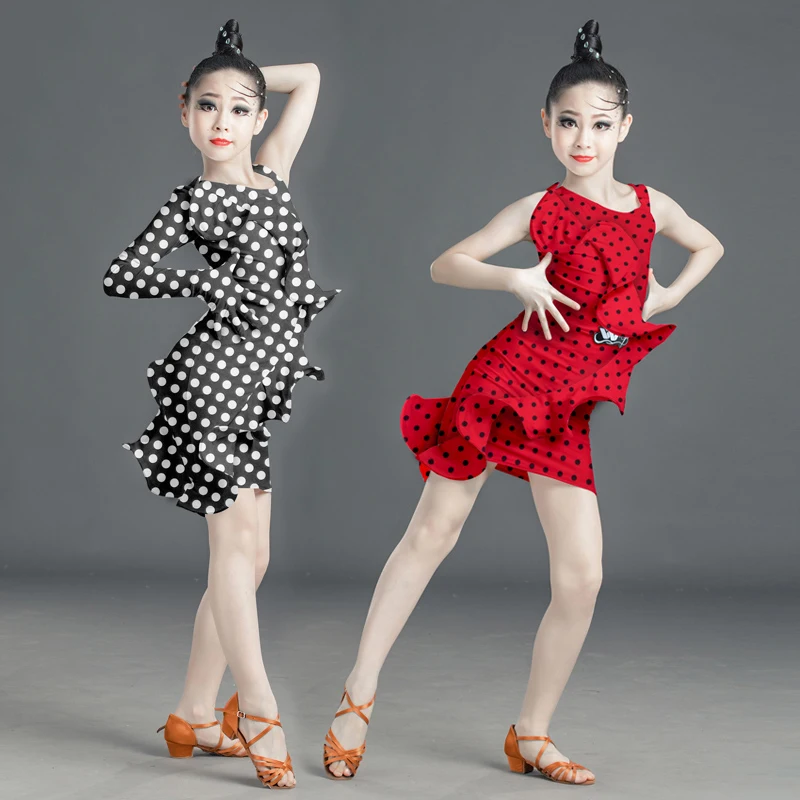 

New Children'S Dance Clothes Professional Latin Dance Competition Dresses For Girl Polka Dot Ruffle Latin Dance Dress 130-160CM