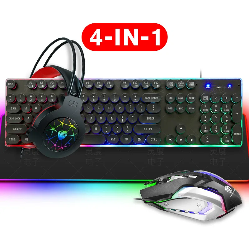 

Набор для клавиатуры и мыши, гарнитура, клавиатура, четыре игры светильник светоизлучающие офисные клавиатуры 4 в 1, бесшумная Офисная Клави...